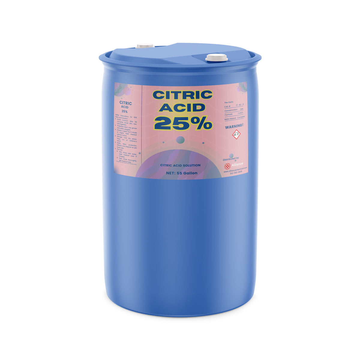 One 55-gallon plastic drum of Alliance Chemical Citric Acid 25% Solution with blue body and white caps.