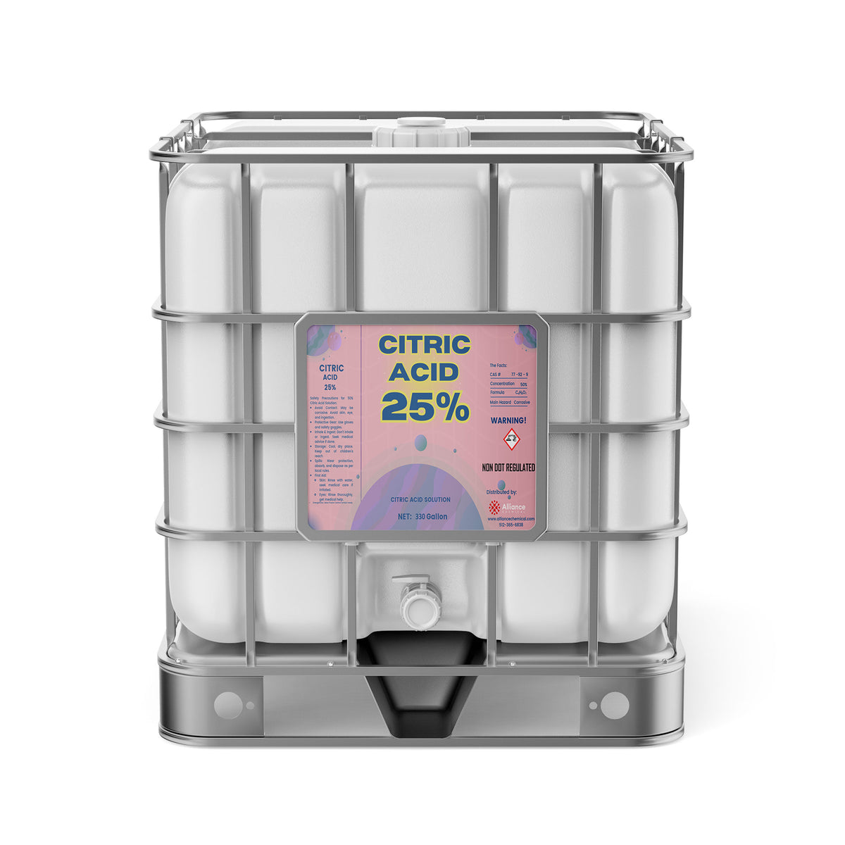 Alliance Chemical Citric Acid 25% Solution in a 330-gallon HDPE tote with a metal cage and a spigot.