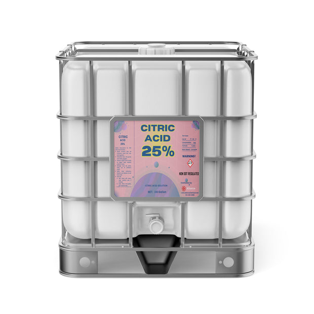 Alliance Chemical Citric Acid 25% Solution in a 330-gallon HDPE tote with a metal cage and a spigot.