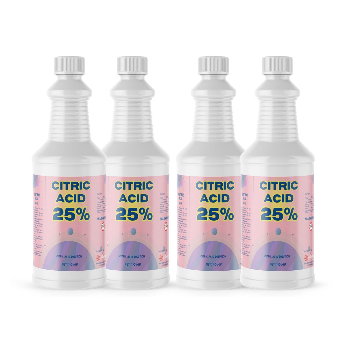 Four 1-quart plastic bottles of Alliance Chemical Citric Acid 25% Solution with white caps and product labels.