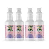 Four 1-quart plastic bottles of Alliance Chemical Citric Acid 25% Solution with white caps and product labels.