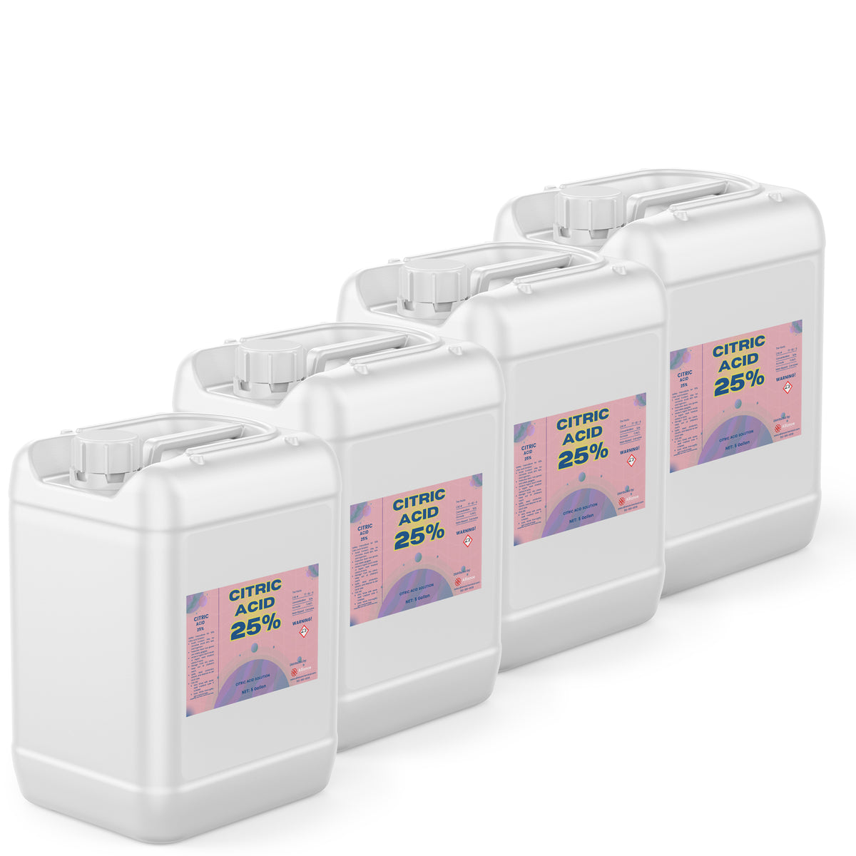 Four 5-gallon HDPE jugs of Alliance Chemical Citric Acid 25% Solution with white caps, handles, and product labels.