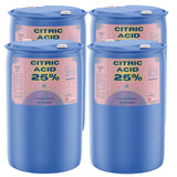Four 55-gallon blue plastic drums of Alliance Chemical Citric Acid 25% Solution with white caps and product labels.