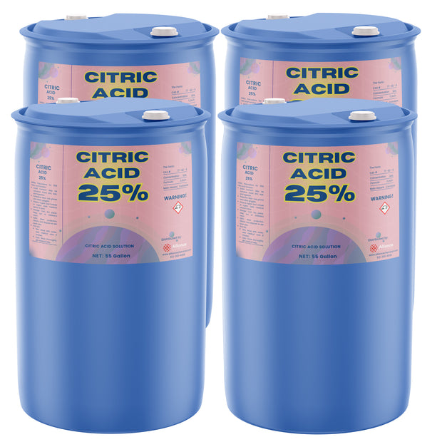 Four 55-gallon blue plastic drums of Alliance Chemical Citric Acid 25% Solution with white caps and product labels.