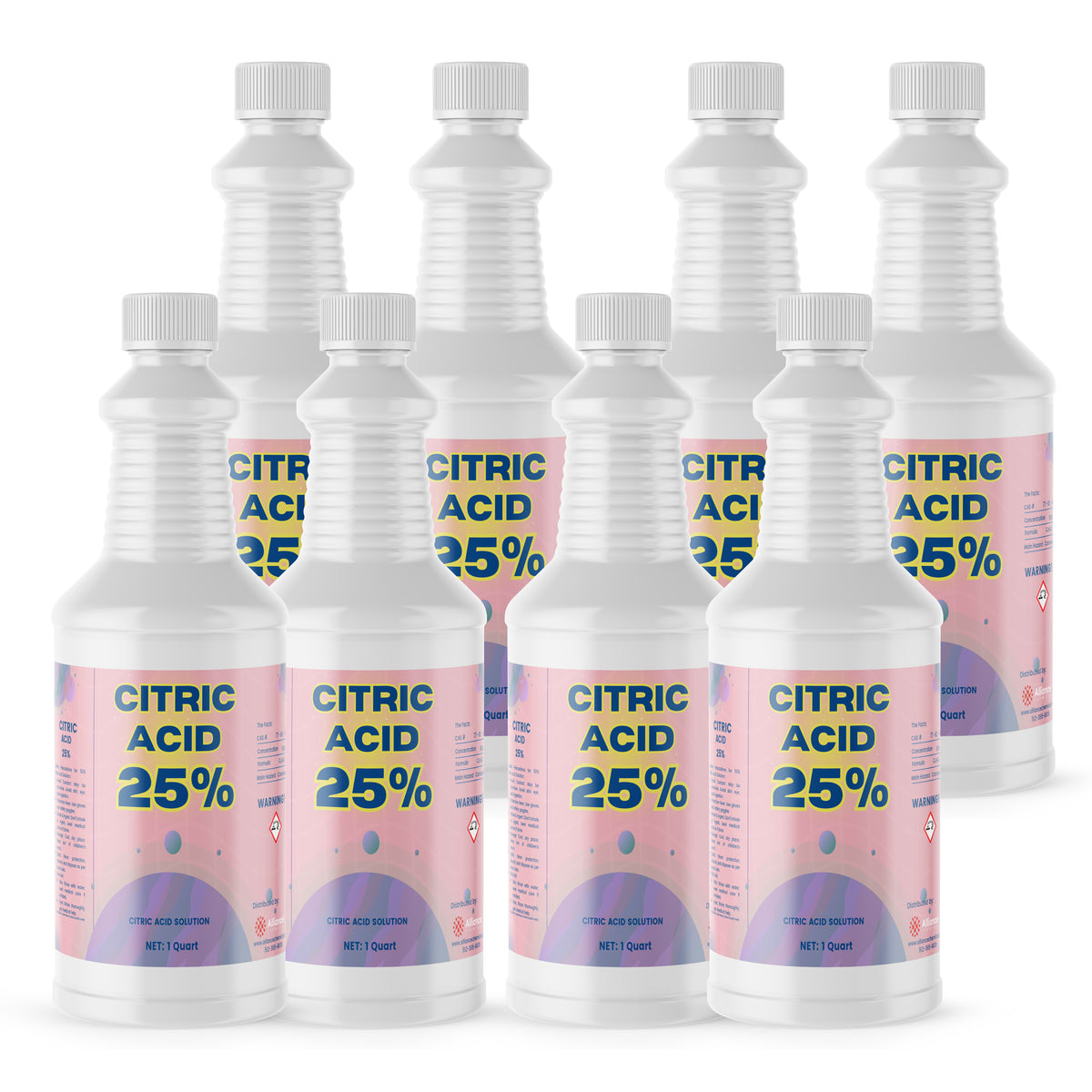 Eight 1-quart plastic bottles of Alliance Chemical Citric Acid 25% Solution with white ribbed screw caps and labels