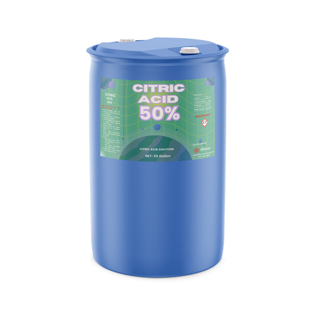 One 55-gallon HDPE drum of Alliance Chemical Citric Acid 50% Solution with blue lid and safety label.