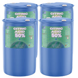 55-gallon HDPE drums of Citric Acid 50% solution (4-pack) hazard warnings, and caps, distributed by Alliance Chemical
