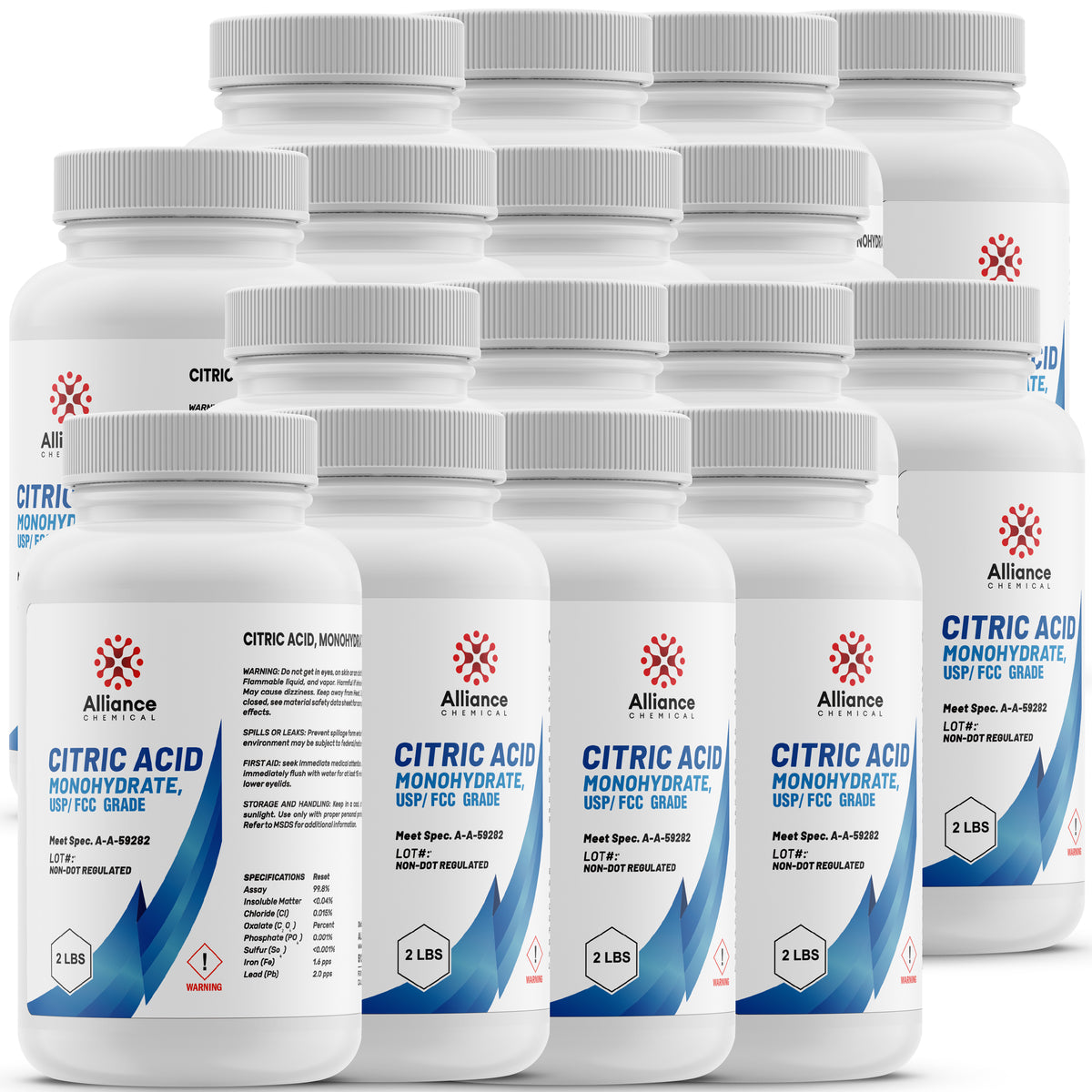 2-lb containers of USP/FCC-grade Citric Acid Monohydrate in HDPE jars Alliance Chemical brand, warning symbol, 36-pack array