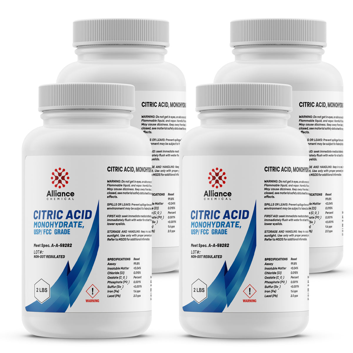 Alliance Chemical 2-lb containers of USP/FCC grade Citric Acid Monohydrate in HDPE bottles warning symbols
