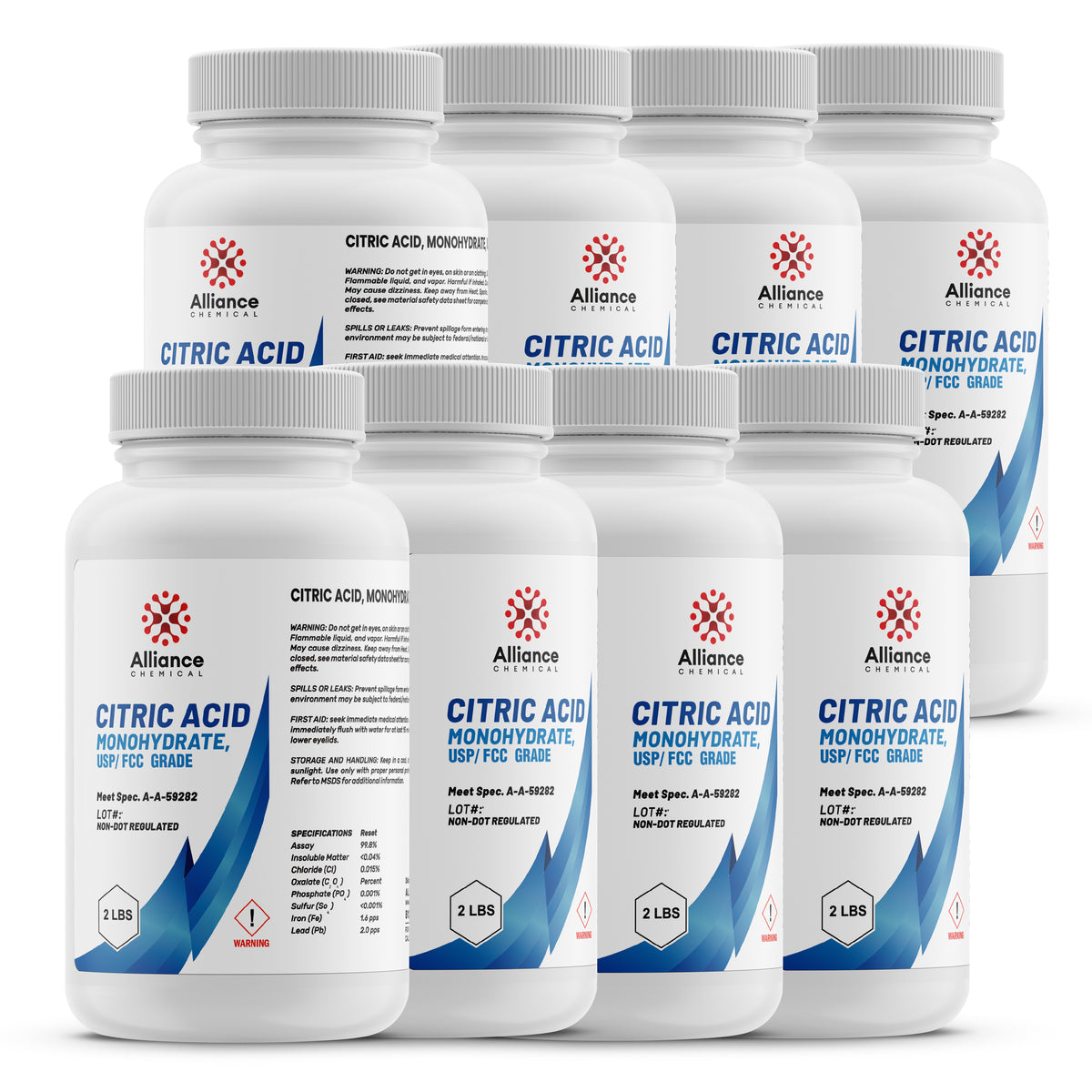 Alliance Chemical 2-lb bottles of USP/FCC-grade Citric Acid Monohydrate, HDPE containers with warning symbols, 8-pack
