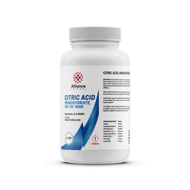 2-lb USP/FCC-grade citric acid monohydrate in HDPE bottle with warning symbol, Alliance Chemical brand, 99.8% assay