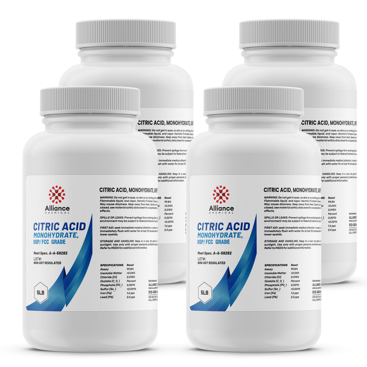 5-pound bottles of USP/FCC grade Citric Acid Monohydrate by Alliance Chemical in HDPE containers, 4-pack