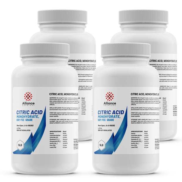 5-pound bottles of USP/FCC grade Citric Acid Monohydrate by Alliance Chemical in HDPE containers, 4-pack
