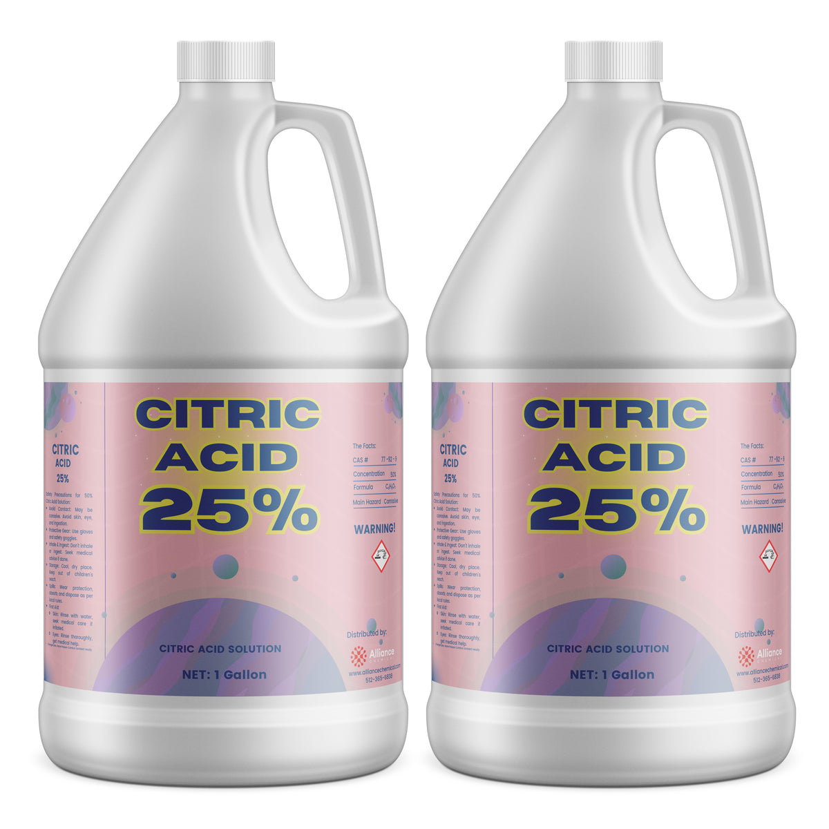 Two 1-gallon HDPE jugs of Alliance Chemical Citric Acid 25% Solution with white screw caps and handles.