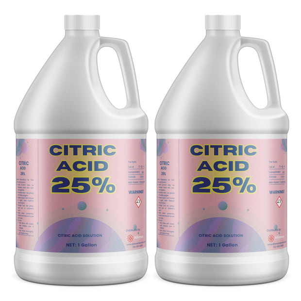 Two 1-gallon HDPE jugs of Alliance Chemical Citric Acid 25% Solution with white screw caps and handles.