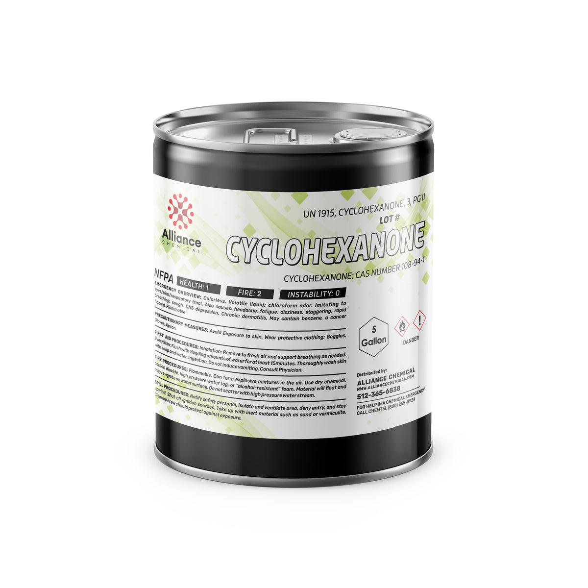 One 5-gallon steel pail of Alliance Chemical Cyclohexanone ACS Grade with a silver cap and product label.