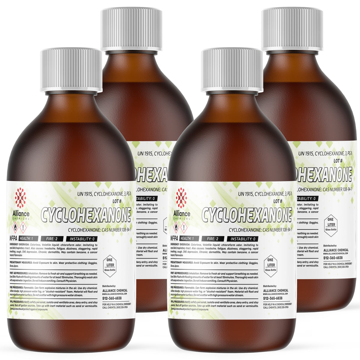1-liter amber glass bottles of Cyclohexanone ACS grade reagent with NFPA health/fire labels, and Alliance Chemical safety