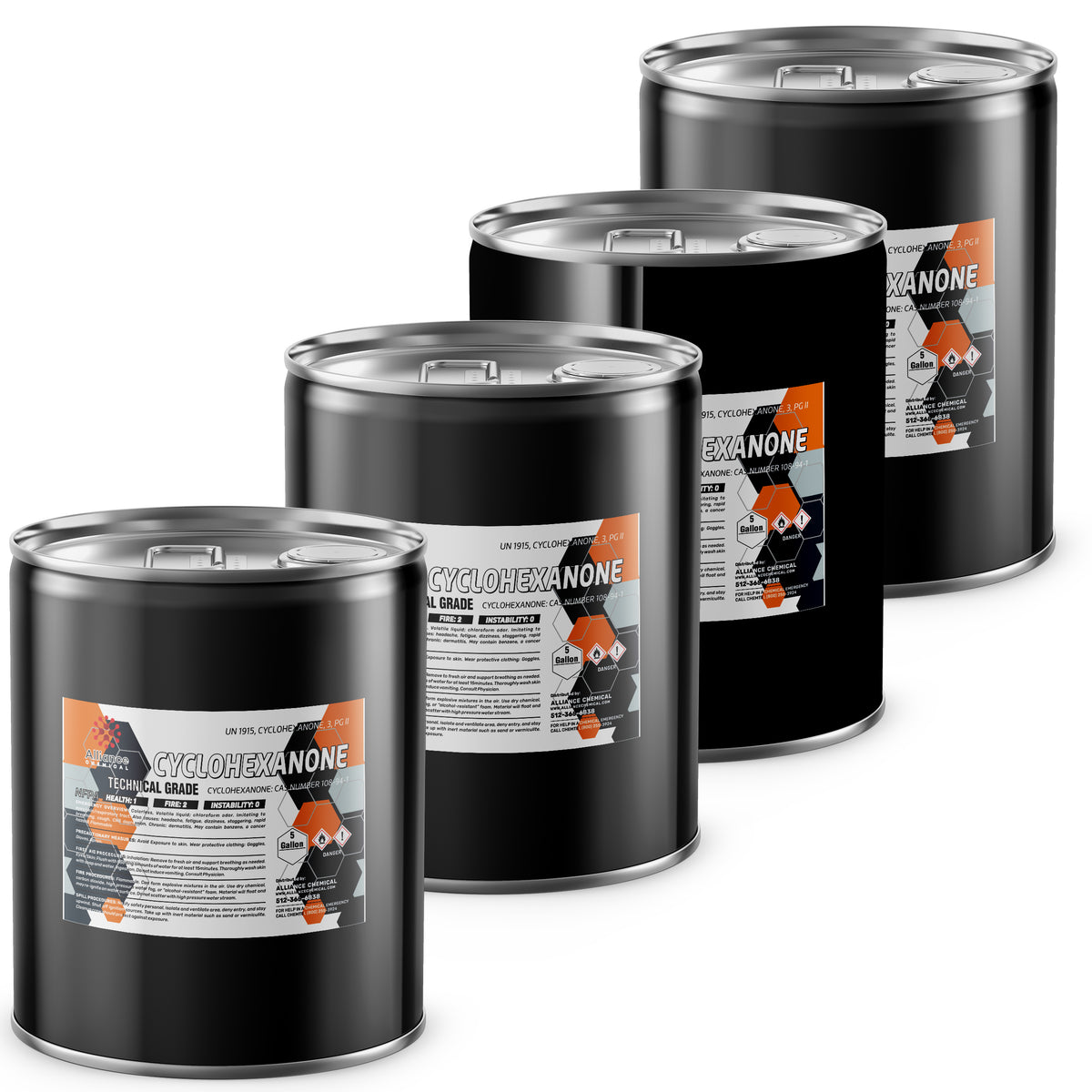 Four 5-gallon steel pails of Alliance Chemical Cyclohexanone Technical Grade with labels and metal closures