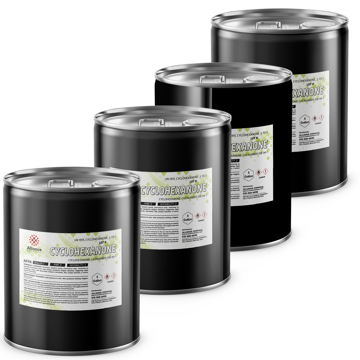 4x5-gallon steel drums of ACS-grade Cyclohexanone by Alliance Chemical NFPA diamond, and safety information