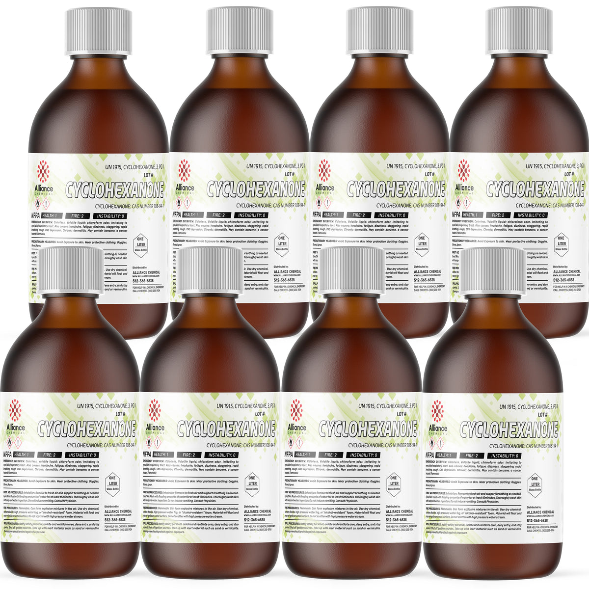Alliance Chemical 8x1L amber glass bottles of ACS-grade Cyclohexanone, labeled with UN1915 hazard symbols and NFPA diamond