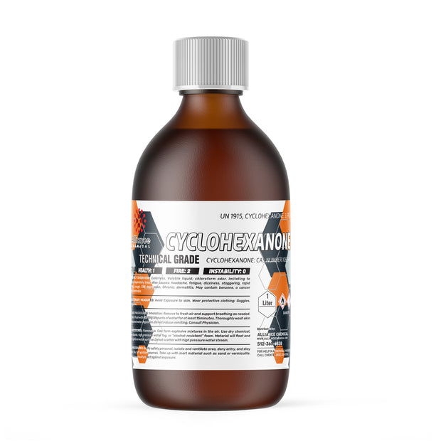 One 1-liter bottle of Alliance Chemical Cyclohexanone Technical Grade with white screw cap and product label.