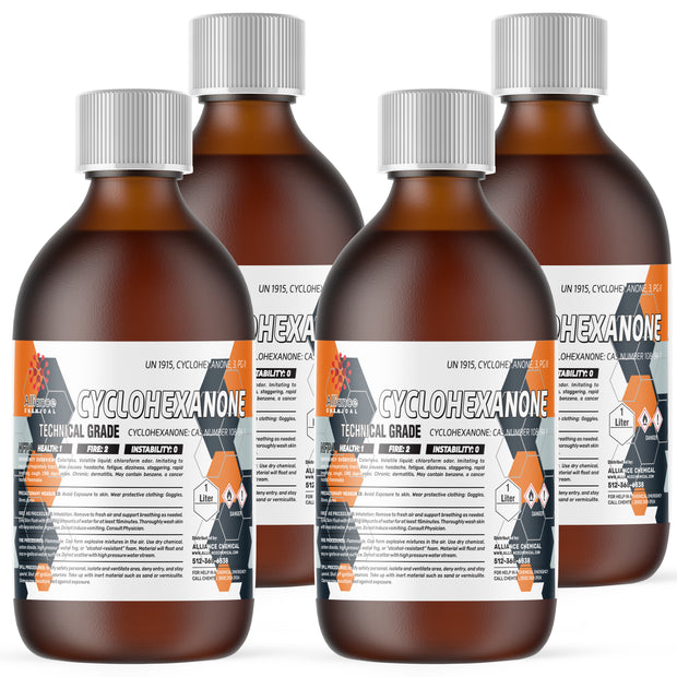 Four 1-Liter amber glass bottles of Alliance Chemical Cyclohexanone Technical Grade with white screw caps and product labels
