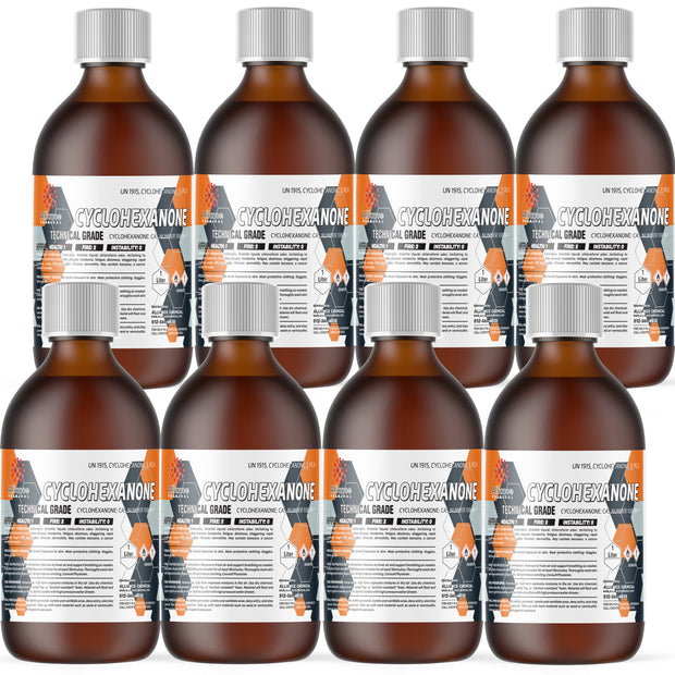Eight 1-liter glass bottles of Alliance Chemical Cyclohexanone Technical Grade with silver caps and safety labels