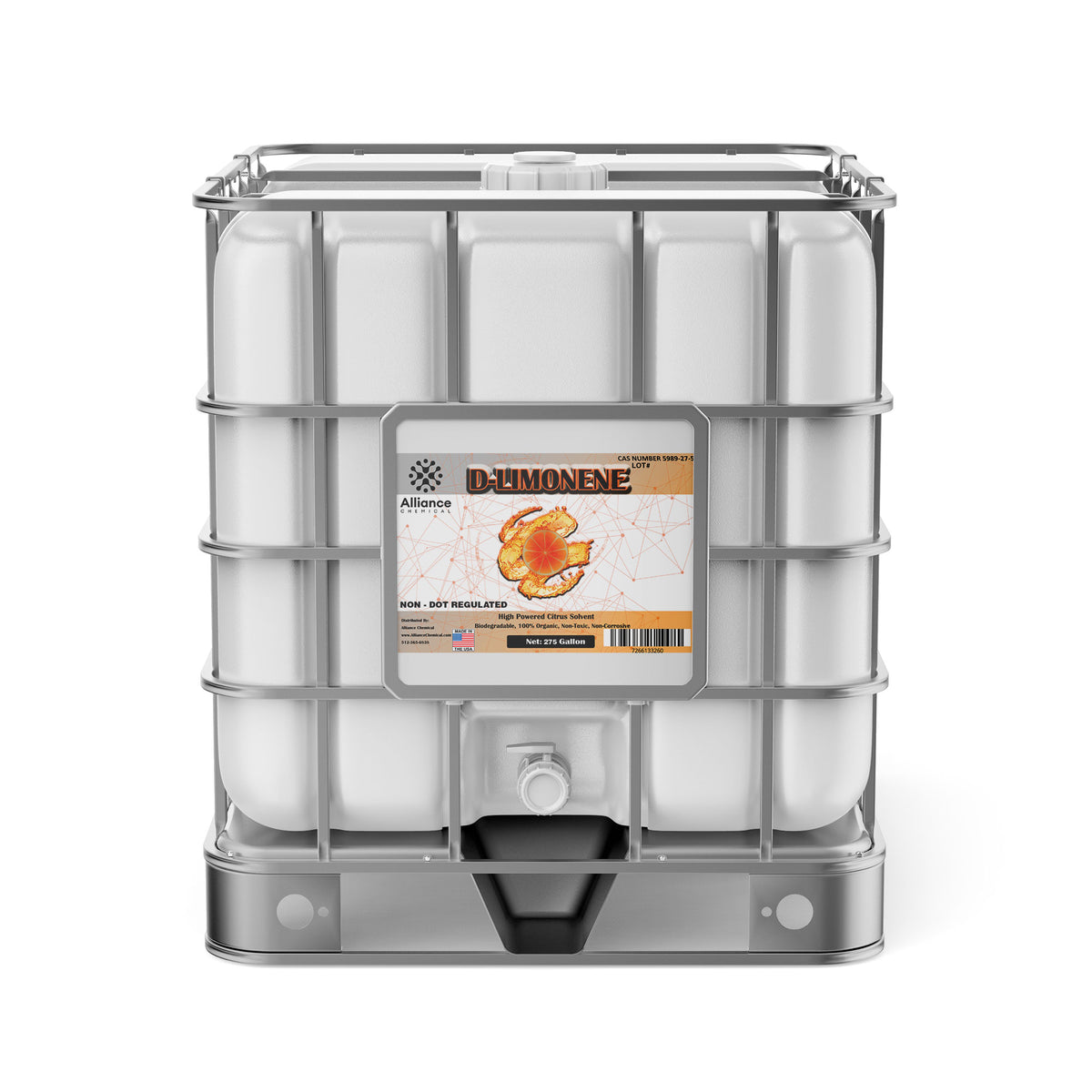 Alliance Chemical D-Limonene 94% food grade in 275-gallon intermediate bulk container with label