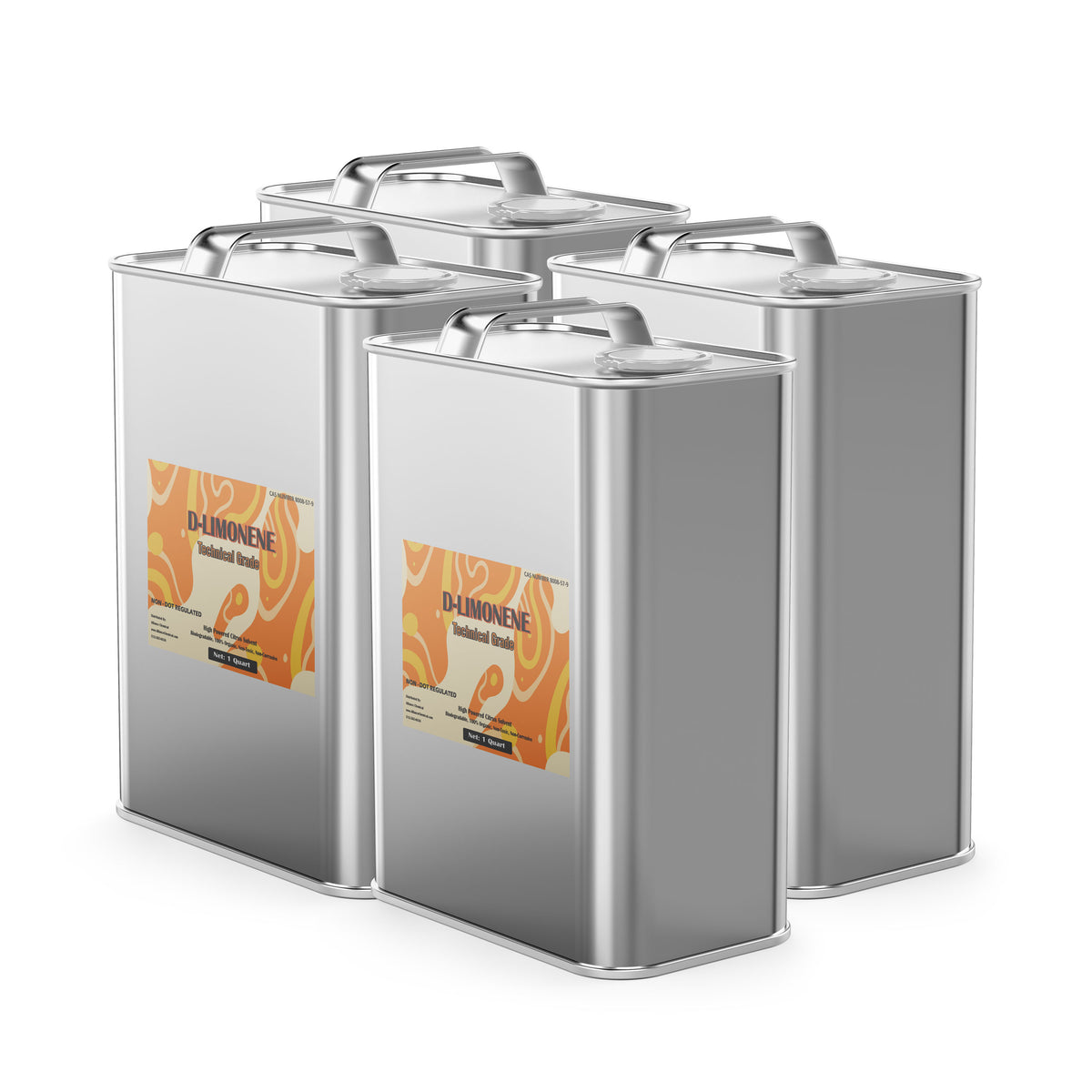 Four Alliance Chemical 1-Quart steel pails of D-Limonene 94% - Food Grade with silver handles and labeled containers.