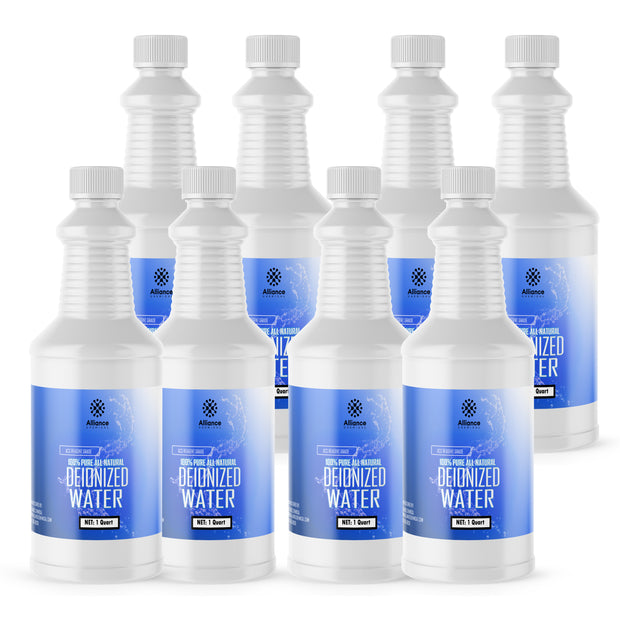 8x1-quart bottles of Alliance Chemical deionized water in clear HDPE containers with blue labels, ribbed design and white