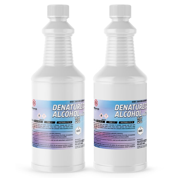 Two 1-quart plastic bottles of Alliance Chemical Denatured Alcohol 190 Proof 3C with white caps and product labels
