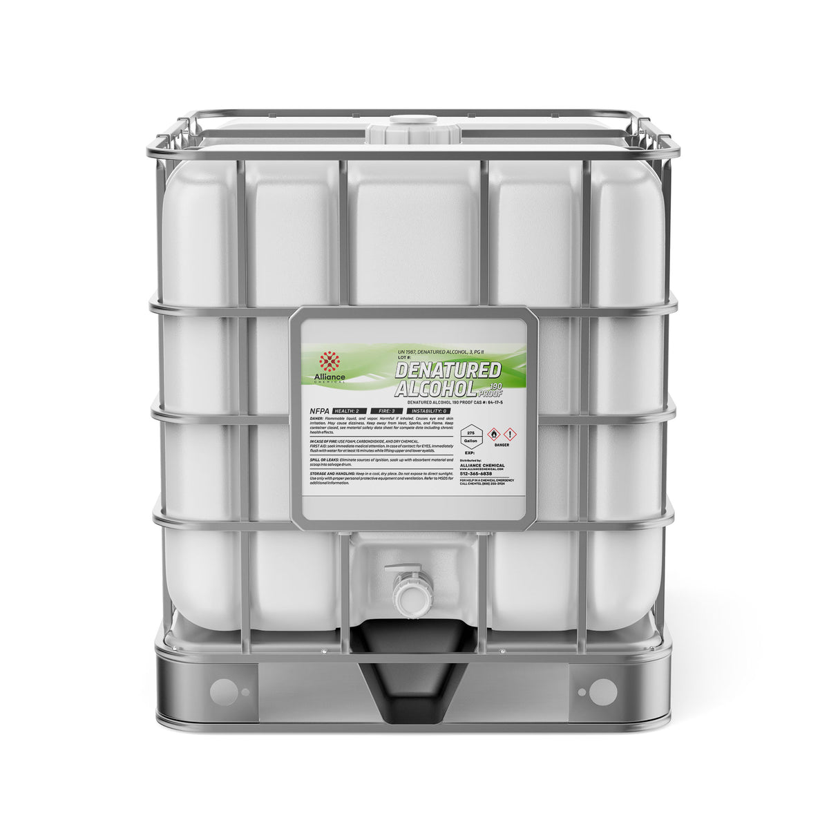 275-gallon IBC tote of Alliance Chemical 190-proof denatured alcohol with NFPA diamond, metal cage frame