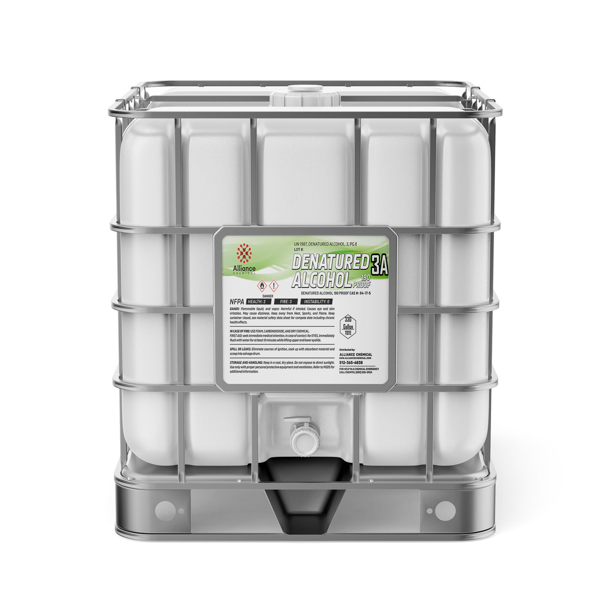 Alliance Chemical 330-gallon plastic tote of Denatured 3A Alcohol 190 Proof with steel cage and white cap