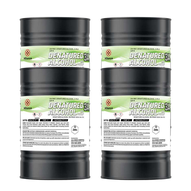 Alliance Chemical 55-gallon black steel drums of 190-proof denatured alcohol 3A, NFPA diamond, and flammability warning
