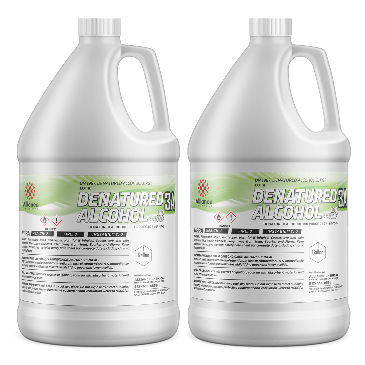 1-gallon HDPE jugs of Alliance Chemical 190-proof denatured alcohol 3A with NFPA diamond, UN1987 marking, and safety warnings
