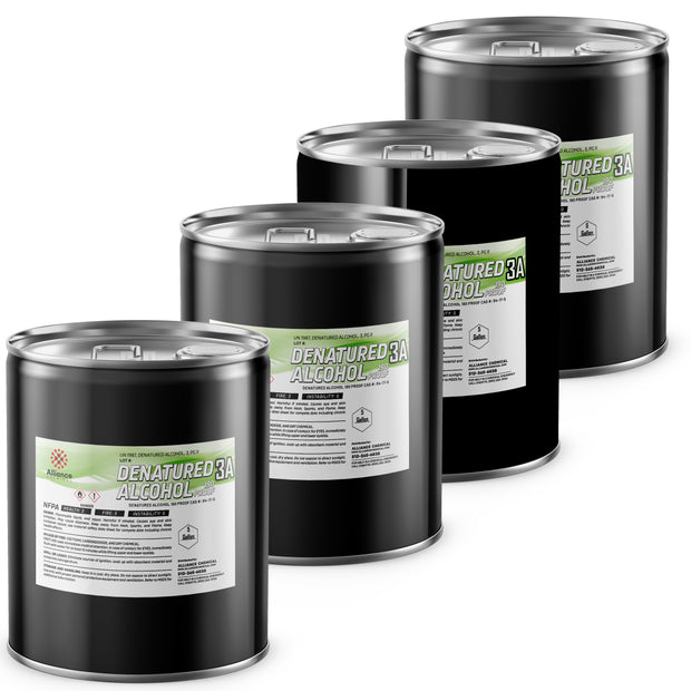 Four 5-gallon steel pails of Alliance Chemical Denatured Alcohol 190 Proof 3A with labels and silver-colored lids