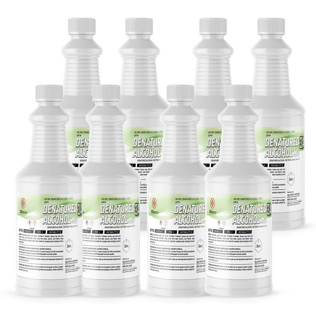 Seven 1-quart plastic bottles of Alliance Chemical Denatured Alcohol 190 Proof 3A with white caps and product labels