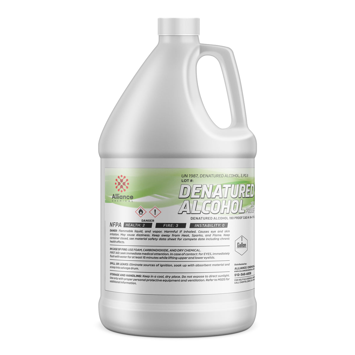One-gallon HDPE container of Alliance Chemical denatured alcohol 190-proof with NFPA diamond, flammable warning symbols