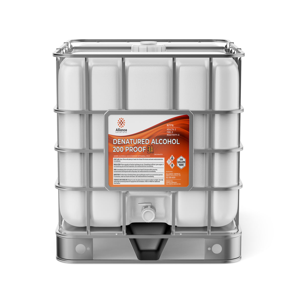 Alliance Chemical Denatured Alcohol 200 Proof 3A in a 330-gallon plastic tote with a metal cage and label.