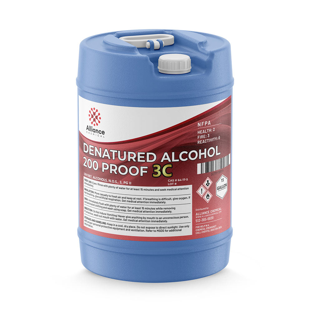 5-gallon HDPE carboy of Alliance Chemical 200-proof denatured alcohol 3C with NFPA diamond, hazard warnings and white screw