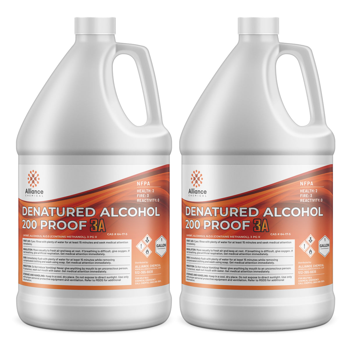 2-gallon HDPE jugs of Alliance Chemical 200-proof denatured alcohol (3A grade) with NFPA diamond, methanol warning labels