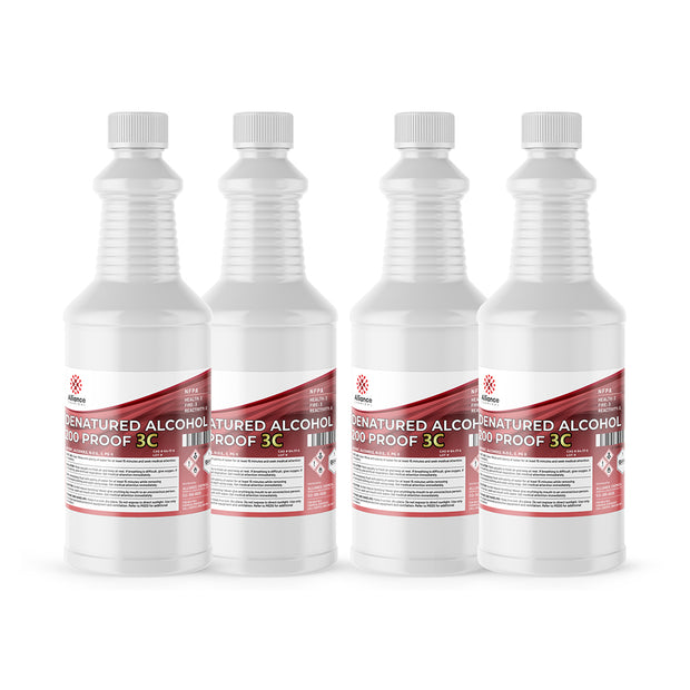 Four 1-quart plastic bottles of Alliance Chemical Denatured Alcohol 200 Proof 3C with white caps and product labels.