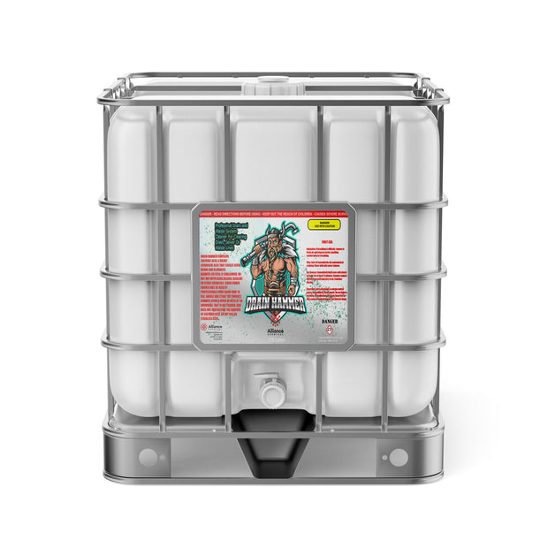One 275-gallon tote of Alliance Chemical Drain Hammer - Sulfuric Acid Drain Cleaner with a steel cage and spigot.