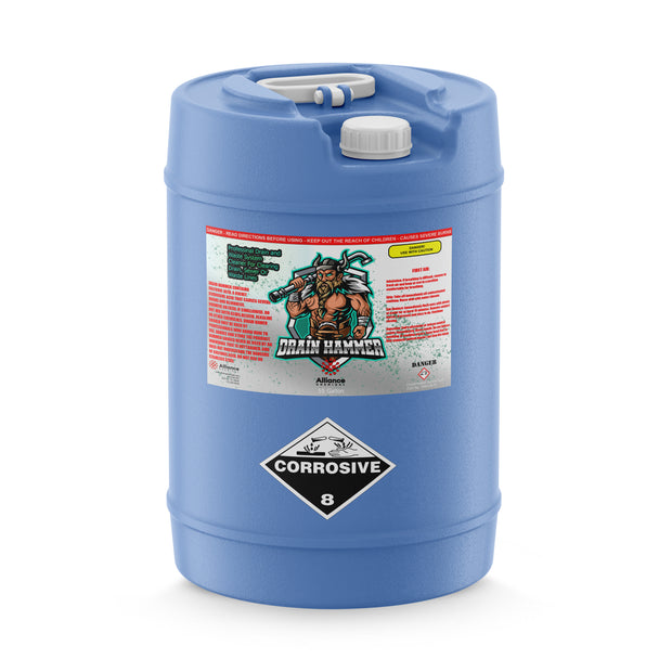 55-gallon HDPE drum of Alliance Chemical Drain Hammer - Sulfuric Acid Drain Cleaner with a white cap and product label