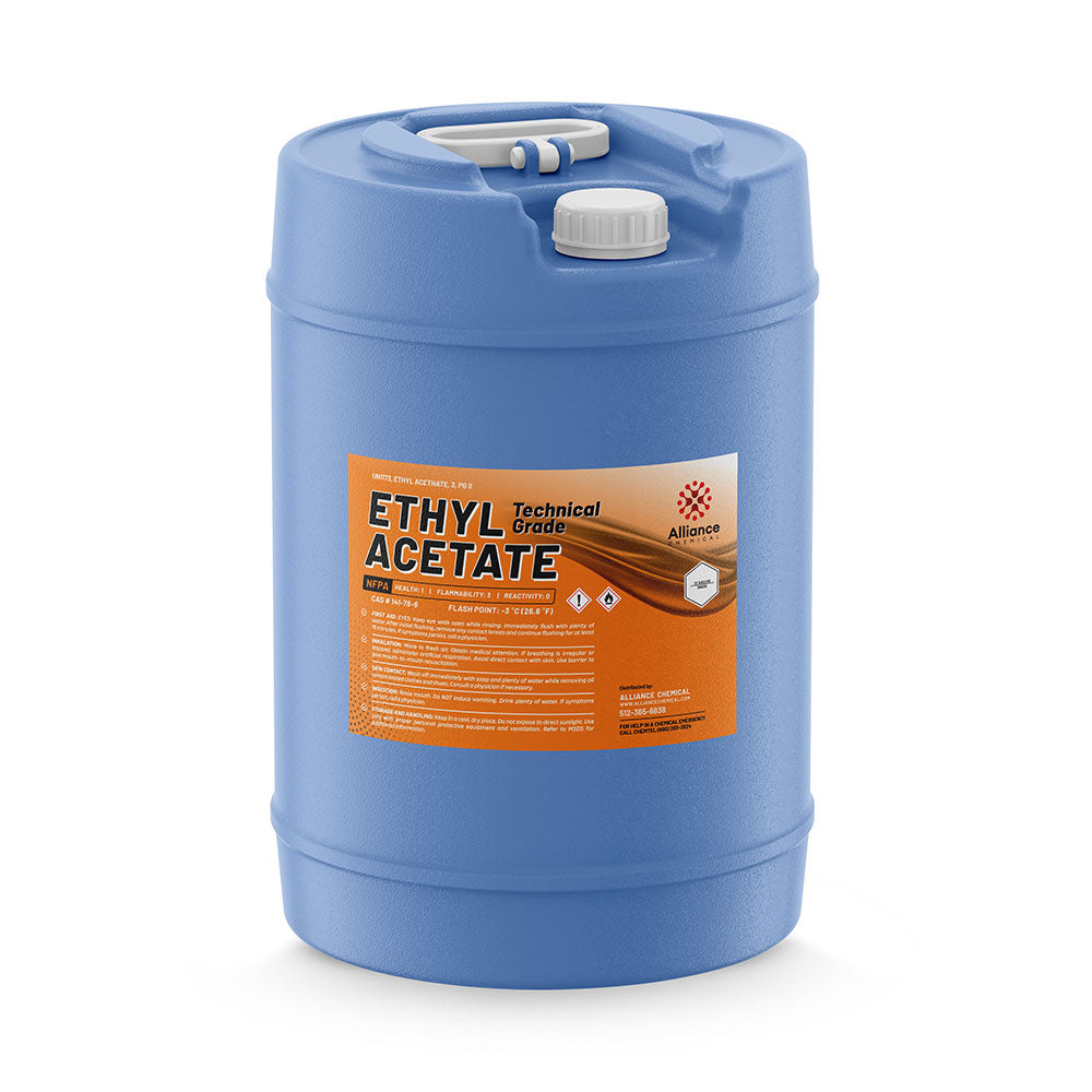 15-gallon blue plastic drum of Alliance Chemical Ethyl Acetate with a white screw cap, integrated handle, and product label.
