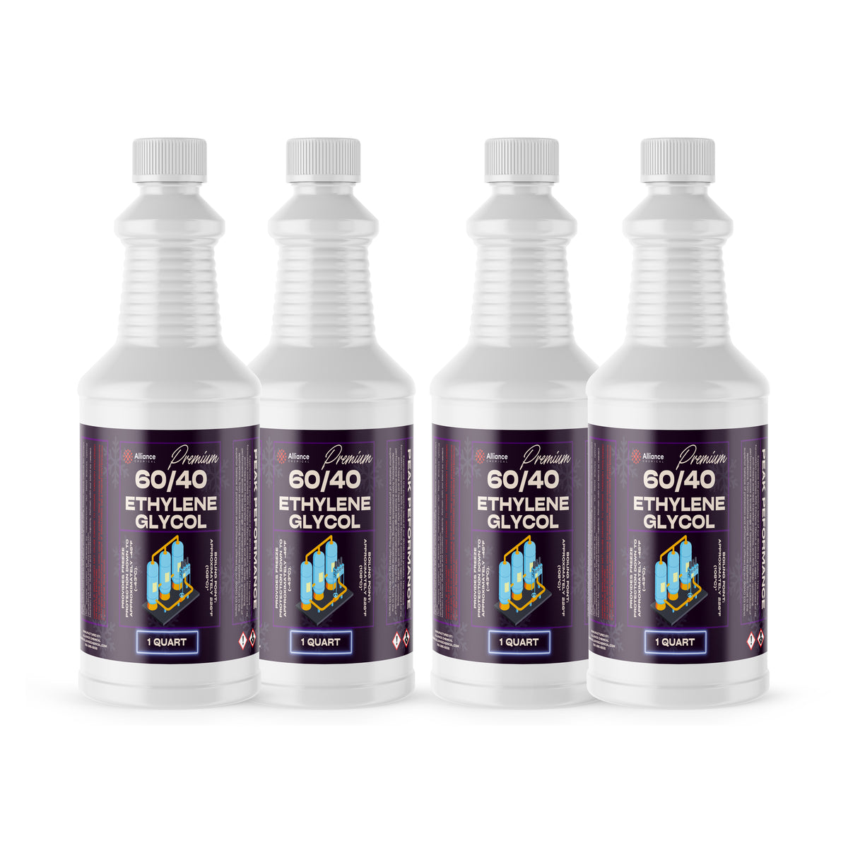 Four 1-quart plastic jugs of Alliance Chemical Ethylene Glycol 60/40 with white screw caps and product labels