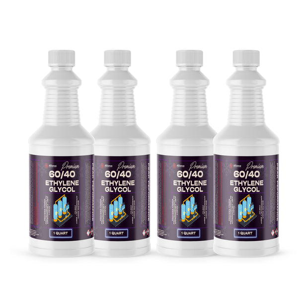 Four 1-quart plastic jugs of Alliance Chemical Ethylene Glycol 60/40 with white screw caps and product labels