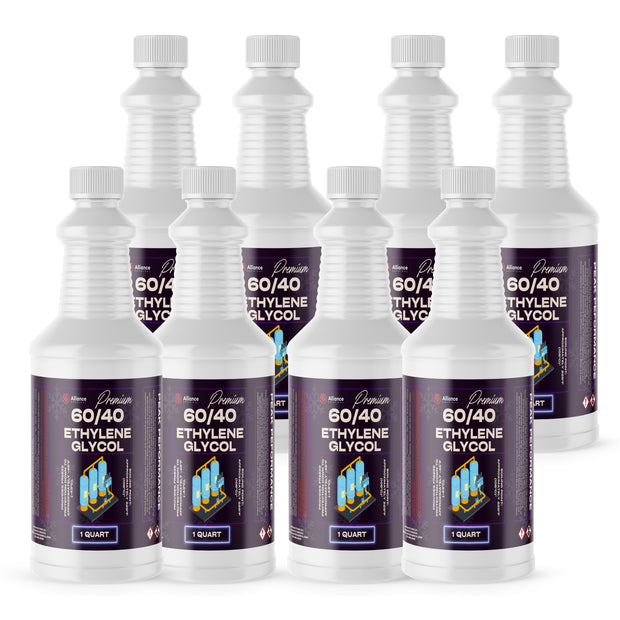 Eight 1-quart plastic bottles of Alliance Chemical Ethylene Glycol 60/40 with white screw caps and product labels.