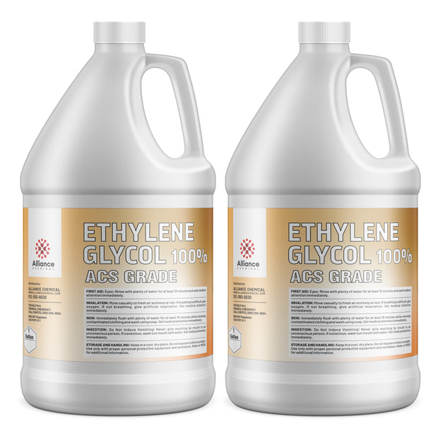 2-gallon HDPE jugs of 100% ACS Grade Ethylene Glycol by Alliance Chemical GHS hazard symbol, and white ribbed caps