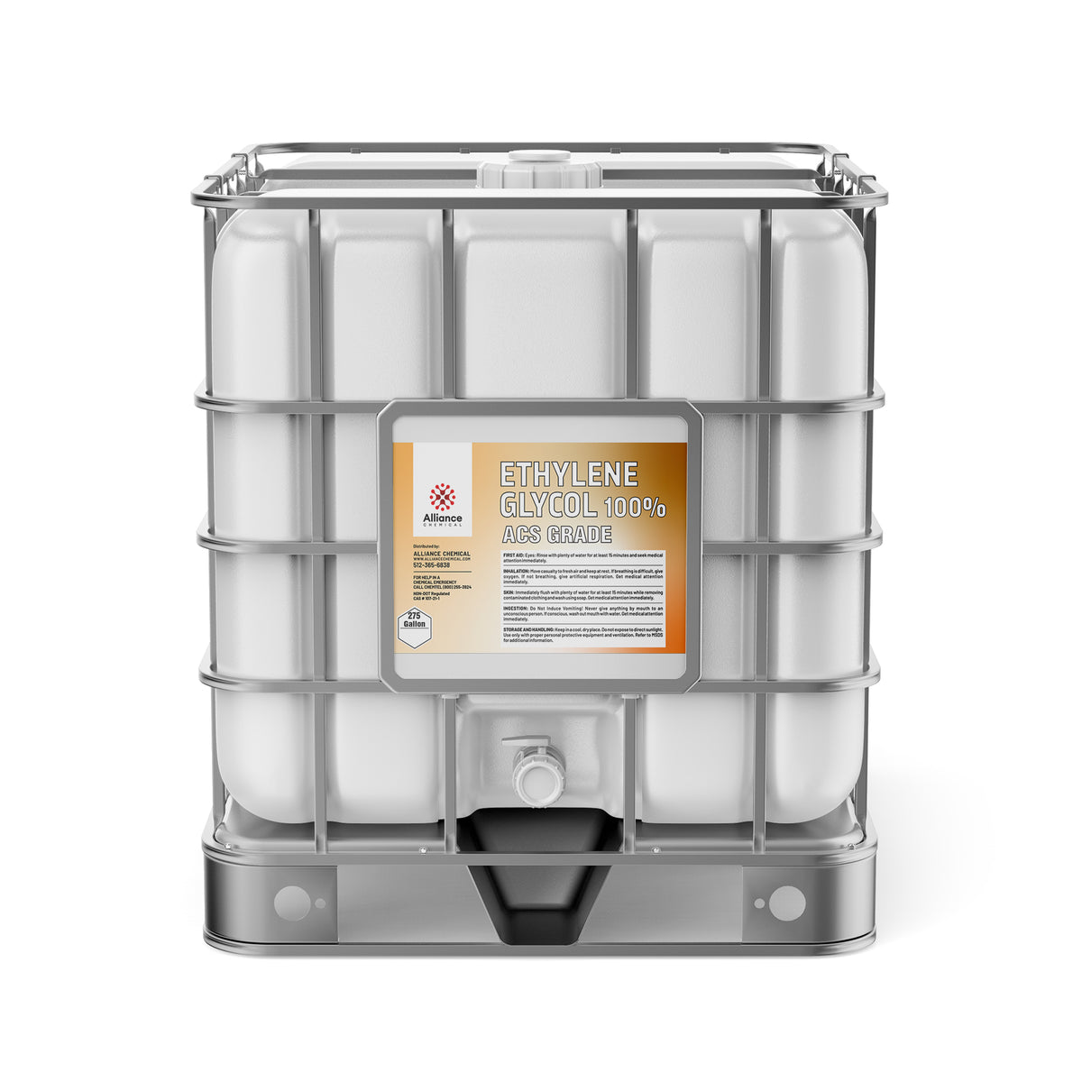 275-gallon IBC tote of 100% Ethylene Glycol ACS Grade with Alliance Chemical branding, metal cage support frame
